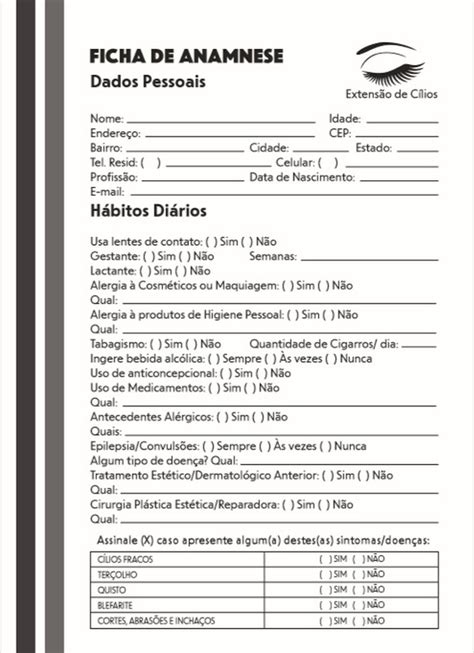 Ficha De Anamnese Para Extens O De C Lios Folhas R Em 88245 The Best