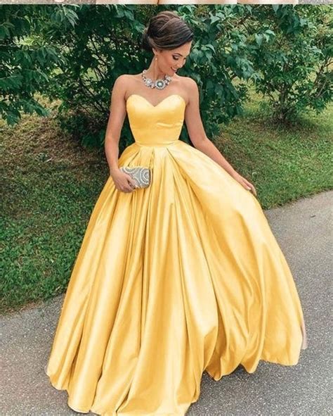 Sweetheart Yellow Mustard Long Prom Dresses Evening Gowns