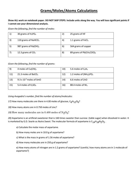 Grams Moles Calculations Worksheets