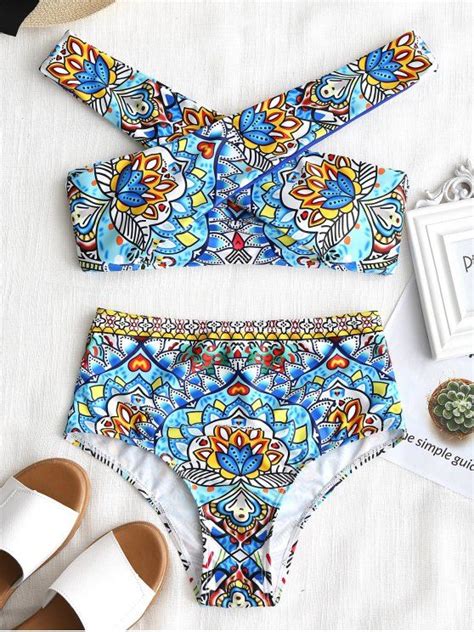 Mandala Print Crossover High Waisted Bikini Set COLORMIX Bikinis M ZAFUL