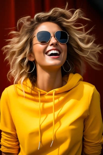 Premium Photo Woman With Sunglasses And Yellow Hoodie Smiling