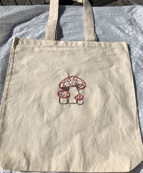 Handmade Embroidered Mushroom Tote Bag Mushroom Tote Bag Handmade Tote