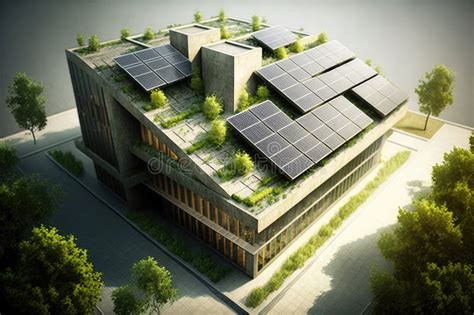 Green Building With Rooftop Garden And Solar Panels Stock Illustration