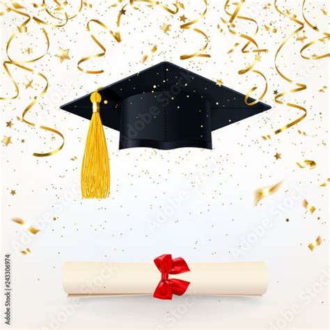 Graduation Cap And Diploma With Streamers On White Background