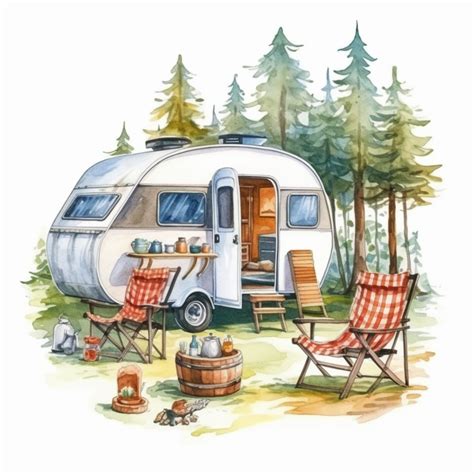 Camping Style Cute Caravan In The Campground With Watercolor Effect