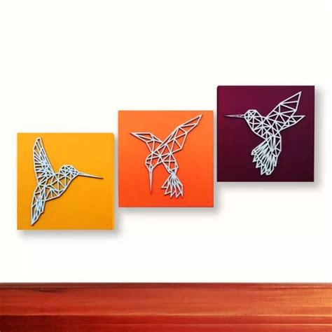 Tríptico Decorativo Cuadros Colibríes Geométricos X3 en venta en