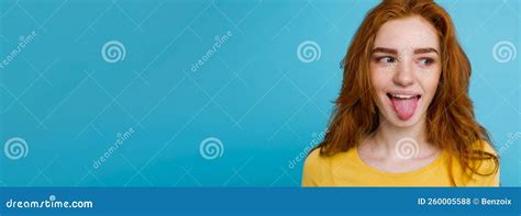 Headshot Portrait Of Happy Ginger Red Hair Girl With Funny Face Looking