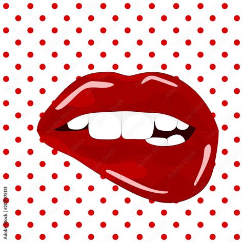 Sweet Sexy Pop Art Pair Of Glossy Vector Lips Open Sexy Wet Red Lips With Teeth Pop Art Set