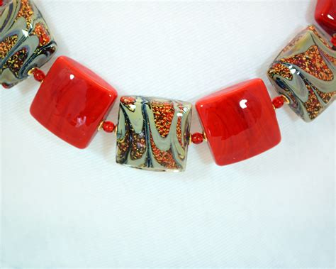 Red And Gold Square Murano Bead Necklace Murano Glass Jewelry Murano Glass Ts Co