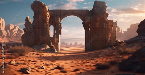 Desert Landscape With Ancient Lost City Ruins With Huge Gate