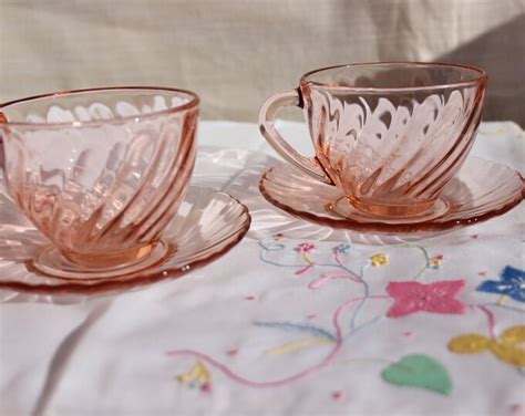 Pink Depression Glass Tea Set 2 Cups And 2 Saucers Marked Arcoroc France For Your Valentine Etsy