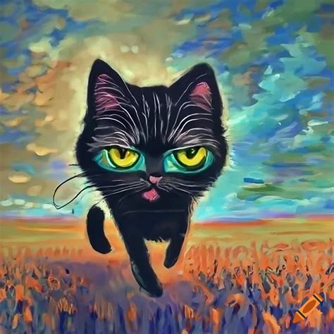 Smart Black Cat Running Through Grain Fields In Monet Style Cartoon Art