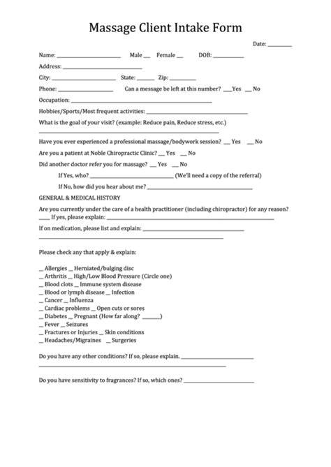 Massage Client Intake Form Printable Pdf Download