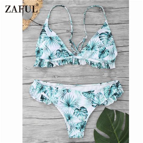 Zaful 2017 Sexy Spaghetti Straps Plant Brazilian Leaf Printed Ruffles