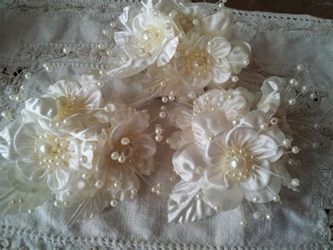 Ivory Fabric Flowers Picks Satin Ivory Wedding Floral Bouquet DIY ...