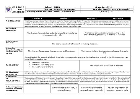 Doc Grades 1 To 12 Daily Lesson Log School Anhs Grade Level 11 Teacher Johnel B De Guzman