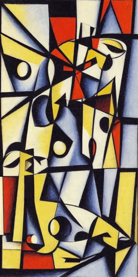 A Detailed Cubist Painting Of Two Intertwined Cats In Stable