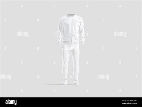 Blank White Sport Tracksuit With Bomber Pants And Sneakers Mockup Gray Background 3d