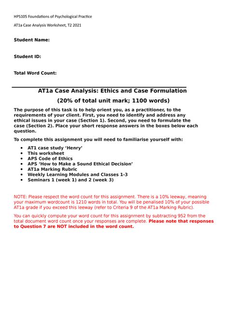 Hps105 At1a Case Analysis Ethics And Case Formulation At1a Case Analysis Worksheet T2 2021