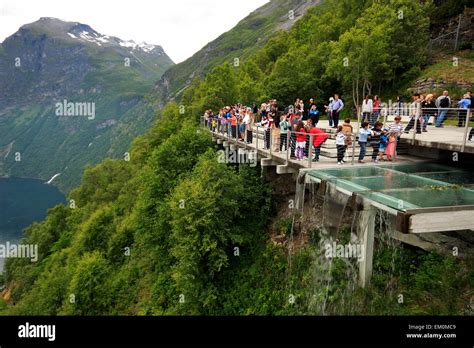 Tourists At The Eagles Road Viewing Platform Geiranger Norway