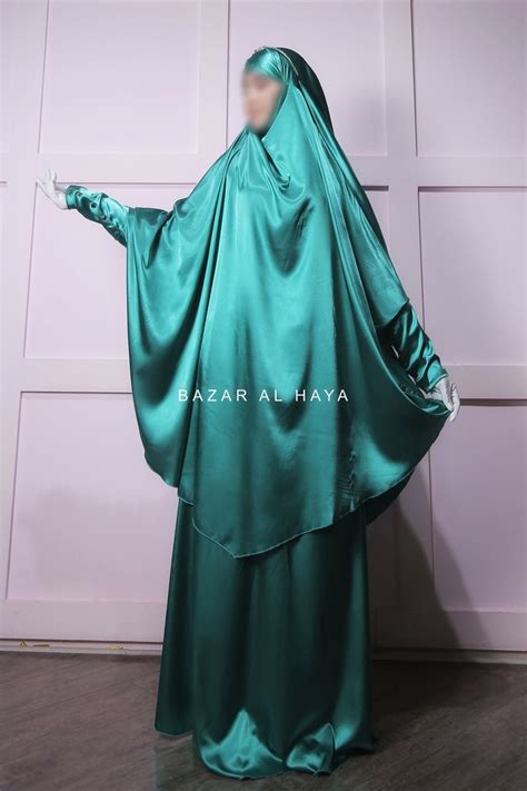 Latifa Teal Two Piece Satin Jilbab With Skirt Long Loose Etsy