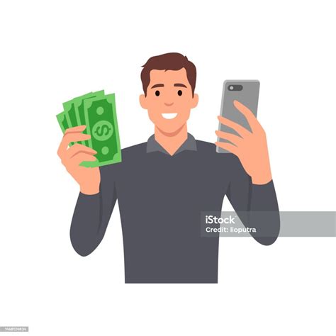 Young Businessman Holding Smartphone And Dollars Flat Vector