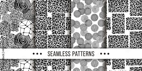 Set Of Samless Ornate Doodle Hand Drawn Abstract Patterns Ink Sketch