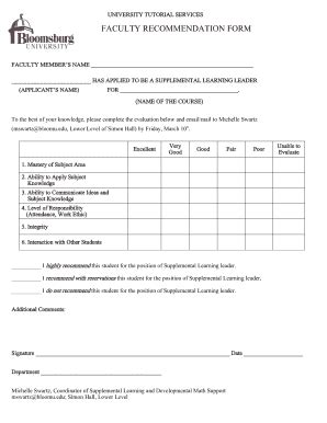 Fillable Online FACULTY RECOMMENDATION FORM Intranet Bloomu Edu Fax