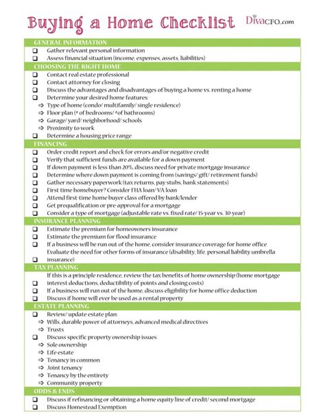 Firsttime Home Buyers Checklist Printable