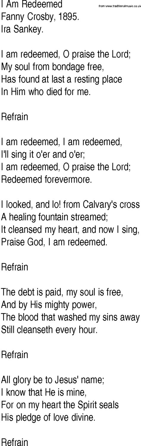 Hymn and Gospel Song Lyrics for I Am Redeemed by Fanny Crosby