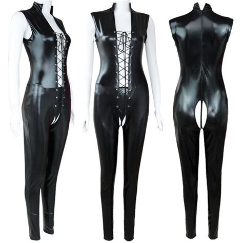 Womens Sex Fancy Suit Costume Latex Leather Catsuit Open Crotch Zipper Bodysuit Ebay