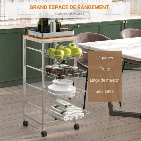 Homcom Chariot De Service Desserte Roulettes Multi Rangements