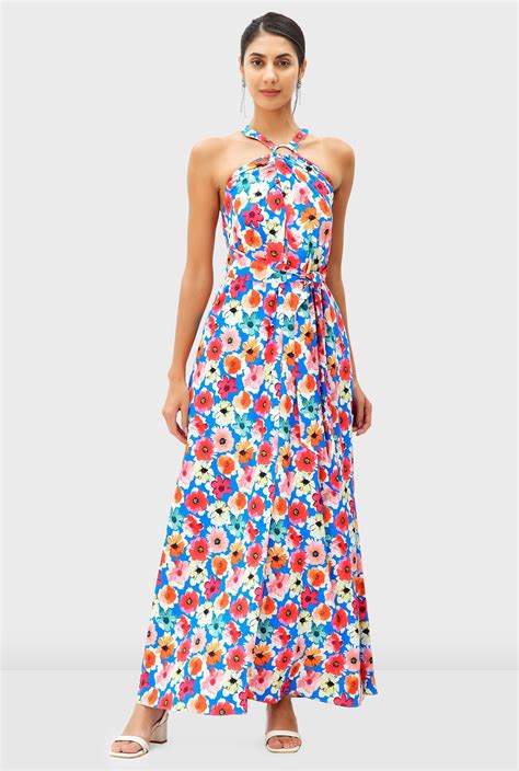 Shop Halter Neck Floral Print Crepe Vented Maxi Dress Eshakti