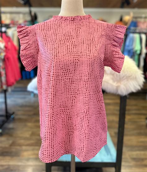 Pink Polka Dot Frill Neck Flutter Sleeve Top Magnolia Too Boutique