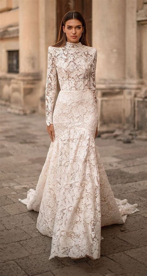 Discreet High Neck Wedding Dress Lace Trumpet Wedding Dress Etsy