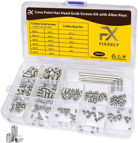 FIXXELY Cone Point Flat Head Grub Screws Set Of 240 M3 M4 M5 M6 M8