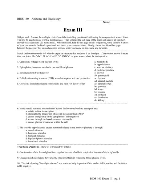 Exam III BIOS 160 Anatomy And Physiology Name