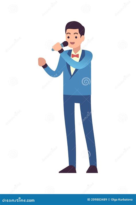 Opera Singer Performance Male Classic Musician With Microphone Sings Song In Blue Suit