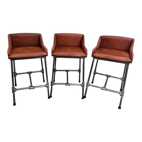 Contemporary Industrial Leather Bar Stools - Set of 3 | Chairish