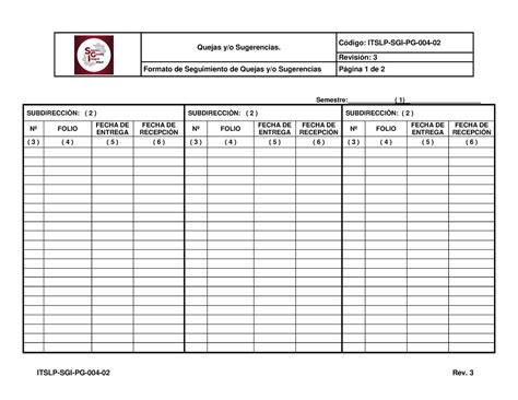 Itslp SGI PG 004 02 Formato Seguimiento Quejas Sugerencias Quejas Y