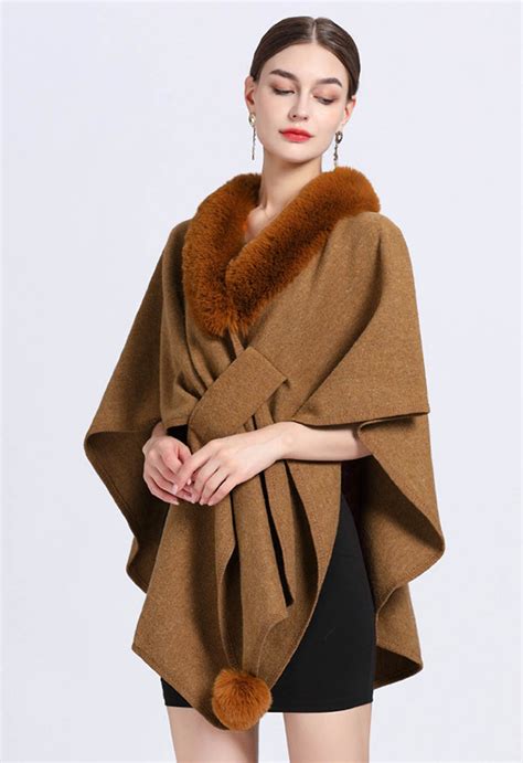 Faux Fur Collar Reversible Poncho In Camel Retro Indie And Unique Fashion