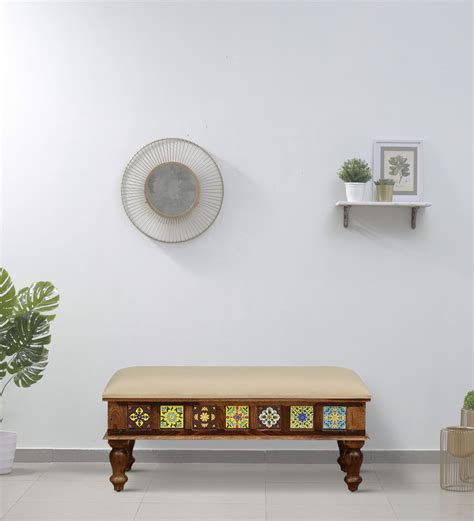 Buy Siramika Sheesham Wood Upholstered Bench In Provincial Teak Finish