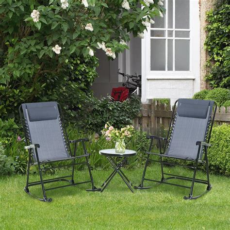 Zeus Ruta 3 Piece Gray Metal Outdoor Rocking Chair Patio Folding