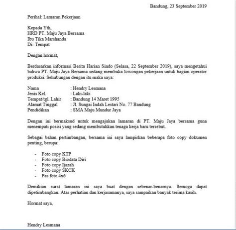 10 Contoh Surat Lamaran Kerja Di Pt Sebagai Karyawan