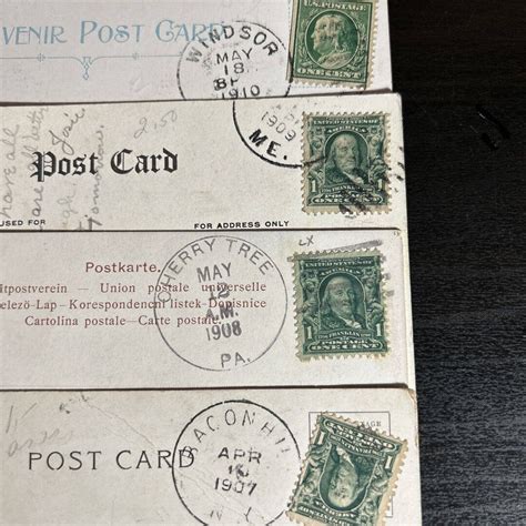 4 X Rare 1 Cent Green Ben Franklin Stamp Postal Postmarked 1907 1910