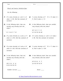 Variation Word Problems Worksheets Direct Inverse Joint