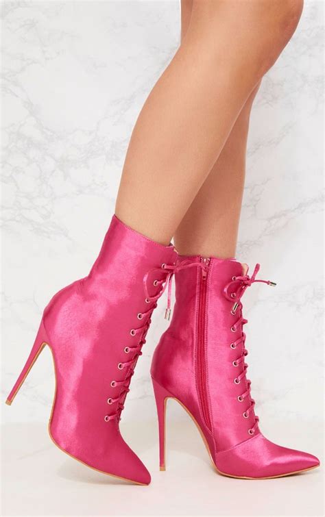 Pink Satin Lace Up Heeled Boot Shoes Lace Up Heel Boots Lace Up