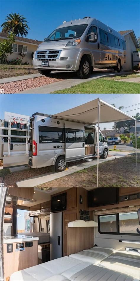 The Inside And Outside View Of A Camper With An Awning Over It Parked