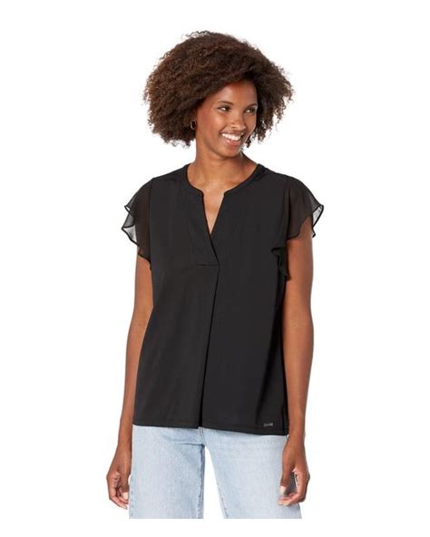 Calvin Klein Flutter Chiffon Sleeve V Neck In Black Lyst