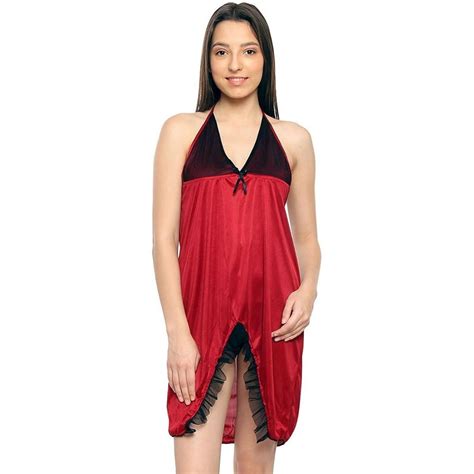 Halter Neck Satin Red And Black Sleepwear Lingerie Exotic Babydoll Dresses Free Delivery India